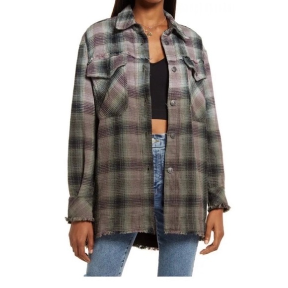 Free People Anneli Plaid Shirt Jacket - Spanish Olive Combo, XS.